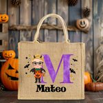 Personalizado lindo dibujo animado Bruja Vampiro Skelten Bolsa de yute con el nombre y la inicial Trick or Treat Halloween Party Favors para Niños Niñas