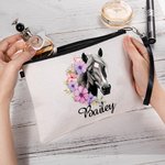 Henkilökohtainen Syntymä Kukka Hevonen syntymämerkki Makeup laukku nimi ja rannehihna Travel Accessory Syntymäpäivä lahja hevonen rakastaja 5