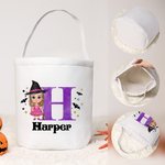 Personalizado lindo personaje de dibujos animados de lona de Halloween Bucket Bag con el nombre y la inicial de Halloween Fiesta de Truco o Trato de r
