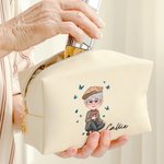 Personalized Cartoon Woman Butterflies Design Waterproof Makeup Pouch Bag with Name Travel Essentials Retirement Birthday Gift for Grandma Mom