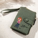 Portefeuille Tri-pli en Cuir PU Personnalisé avec Nom et Dessin Animé de Fille Y2K Bracelet Porte-carte Cadeau Noël Anniversaire pour les Femmes