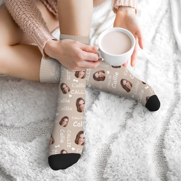 Personalizado Multicolor Lazo Corazón Cara Foto Avatar Mitad de la pantorrilla Calcetines con Nombre Divertido Navidad Cumpleaños Regalo para Amigo Familia