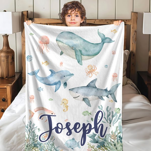 Personalized Dolphin Shark Ocean Animal Soft Throw Blanket with Name Home Decor Birthday Christmas Gift for Kids