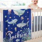 Personalized Dolphin Shark Ocean Animal Soft Throw Blanket with Name Home Decor Birthday Christmas Gift for Kids