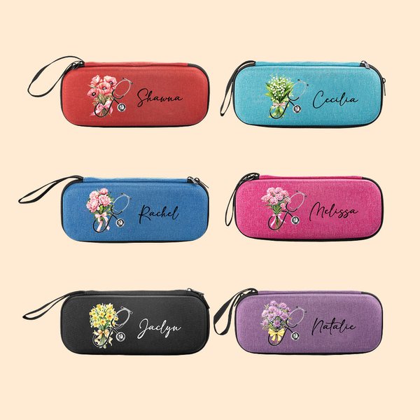 Personalised Birth Flower Bouquet Stethoscope Case with Mesh Pockets and Name Medical Graduation Appreciation Gift for Nurse Doctor Medical Staff