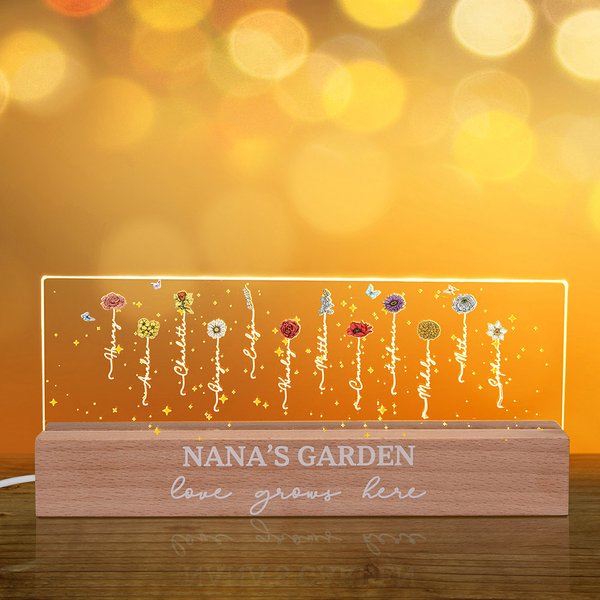 Personnalisé 1-12 Birth Flower Garden Acrylic LED Night Light avec base en bois Home Decor Mother's Day Birthday Gift for Grandma Mom
