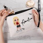 Borsa per trucco in lino con braccialetto disegno cartone animato ragazza di moda personalizzato con nome regalo per feste o compleanno per le donne