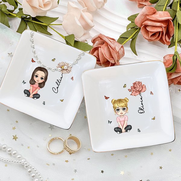 Personalizada de cerámica de dibujos animados de caracteres de nacimiento de la flor de la baratija cuadrada joyería plato con nombre de la boda de compromiso de regalo para las mujeres