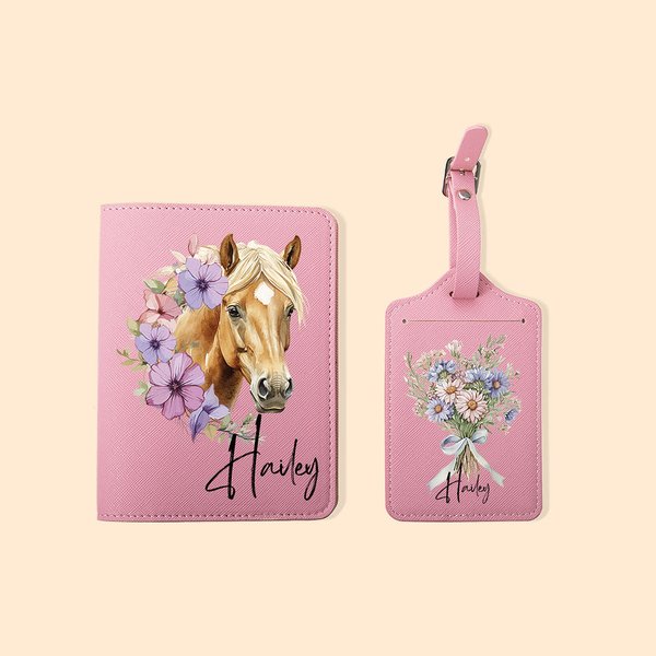 Personalizado Nacimiento Flor Caballo Cara Marcado Cuero Pasaporte Titular Etiqueta de equipaje Set con nombre Accesorios de viaje Regalo de cumpleaños para los amantes del caballo
