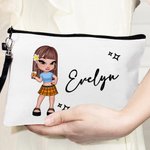 Personalizado de dibujos animados Retro Moda Chica Lino Wristlet Bolsa de Maquillaje con Nombre Fiesta de Cumpleaños Regalo de la Amistad para las Mujeres