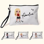 Personalizado de dibujos animados Retro Moda Chica Lino Wristlet Bolsa de Maquillaje con Nombre Fiesta de Cumpleaños Regalo de la Amistad para las Mujeres