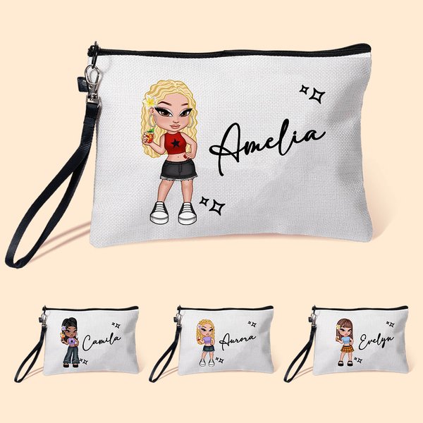 Personalisierte Cartoon Retro Mode Mädchen Leinen Wristlet Makeup Tasche mit Namen Geburtstag Party Freundschaft Geschenk für Frauen