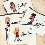 Personalizado de dibujos animados Retro Moda Chica Lino Wristlet Bolsa de Maquillaje con Nombre Fiesta de Cumpleaños Regalo de la Amistad para las Mujeres