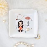 Personalizada de cerámica de dibujos animados de caracteres de nacimiento de la flor de la baratija cuadrada joyería plato con nombre de la boda de compromiso de regalo para las mujeres