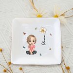 Personalizada de cerámica de dibujos animados de caracteres de nacimiento de la flor de la baratija cuadrada joyería plato con nombre de la boda de compromiso de regalo para las mujeres