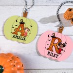 Personalized Cartoon Vampire Witch Pumpkin Boo Shape Wooden Halloween Basket Name Tag with Initial Spooky Halloween Gift for Boys Girls