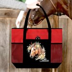 Personalised Watercolour Floral Horse Large Zippered Tote Bag with Name and Mesh Pocket Birthday Gift for Women Horse Lovers