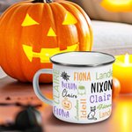 Taza esmaltada personalizada con calabaza, gato y nubes de palabras de 1 a 19 nombres con el tema de Halloween Regalo de Halloween para los amantes de