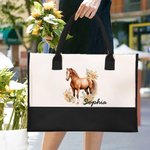 Personalised Floral Horse Large Canvas Tote Bag with Name and Waterproof Liner Birthday Gift for Women Horse Lovers