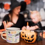 Taza esmaltada personalizada con calabaza, gato y nubes de palabras de 1 a 19 nombres con el tema de Halloween Regalo de Halloween para los amantes de