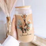 Personalized Watercolor Floral Giraffe 20oz Name Glass Tumbler with Bamboo Lid and Straw Birthday Anniversary Gift for Family
