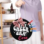 Personalized In My Cheer Era Glitter Bow Basswood Pin Holder Wall Hanging with Name Team Accessory Gift for Cheerleader Coach