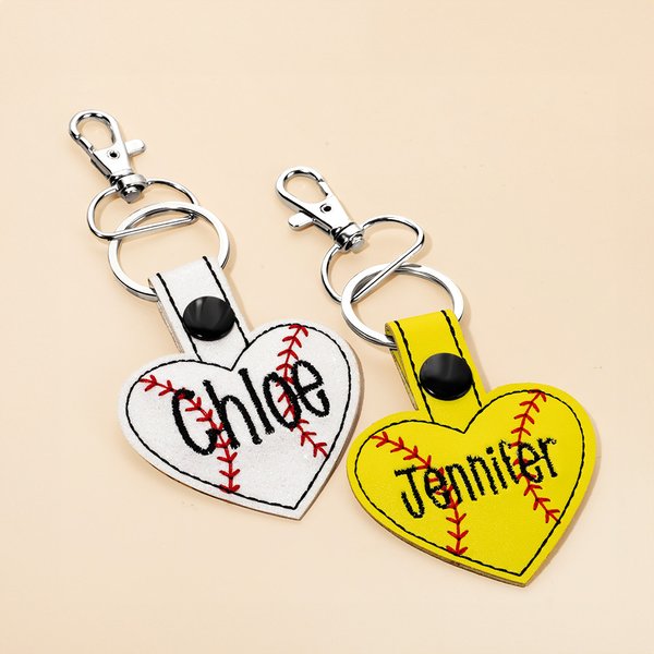 Personalized Handmade Glitter Softball Baseball Keychain Embroidered Name with Snap and Hook Bag Accessories Birthday Gift for Sports Lover