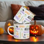 Taza esmaltada personalizada con calabaza, gato y nubes de palabras de 1 a 19 nombres con el tema de Halloween Regalo de Halloween para los amantes de
