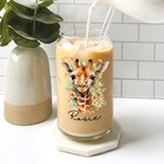 Personalized Watercolor Floral Giraffe 20oz Name Glass Tumbler with Bamboo Lid and Straw Birthday Anniversary Gift for Family
