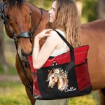 Personalised Watercolour Floral Horse Large Zippered Tote Bag with Name and Mesh Pocket Birthday Gift for Women Horse Lovers