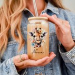 Personalized Watercolor Floral Giraffe 20oz Name Glass Tumbler with Bamboo Lid and Straw Birthday Anniversary Gift for Family