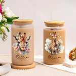 Personalized Watercolor Floral Giraffe 20oz Name Glass Tumbler with Bamboo Lid and Straw Birthday Anniversary Gift for Family