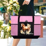 Personalised Watercolour Floral Horse Large Zippered Tote Bag with Name and Mesh Pocket Birthday Gift for Women Horse Lovers