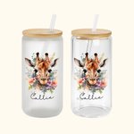 Personalized Watercolor Floral Giraffe 20oz Name Glass Tumbler with Bamboo Lid and Straw Birthday Anniversary Gift for Family