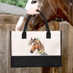 Personalised Floral Horse Large Canvas Tote Bag with Name and Waterproof Liner Birthday Gift for Women Horse Lovers