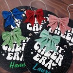 Personalized In My Cheer Era Glitter Bow Basswood Pin Holder Wall Hanging with Name Team Accessory Gift for Cheerleader Coach