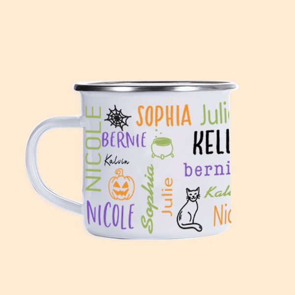 Tasse en émail 11oz avec 1-19 noms Cadeau d'Halloween pour les amoureux du camping Famille