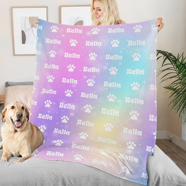 Personalised Colourful Gradient Paw Print Soft Throw Blanket with Repeating Names Pet Theme Home Decor Birthday Gift for Dog Cat Lovers