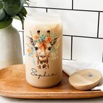 Personalized Watercolor Floral Giraffe 20oz Name Glass Tumbler with Bamboo Lid and Straw Birthday Anniversary Gift for Family