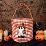 Cestino portacaramelle riutilizzabile con nome personalizzato Ghost Bat Pumpkin Plaid Halloween Trick or Treat Activity Gift for Boys Girls