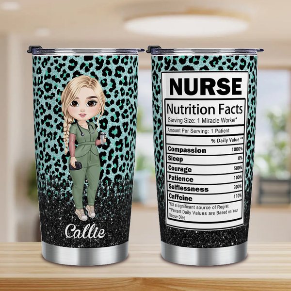 Personalised Faux Glitter Leopard Funny Nutrition Facts Cartoon 20oz Insulated Tumbler with Lid Straw Appreciation Birthday Gift for Nurse Doctor
