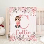 Personalized Pink Floral Cartoon Character Soft Throw Blanket with Initial and Name Home Decor Birthday Christmas Gift for Boys Girls Family