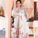 Personalized Pink Floral Cartoon Character Soft Throw Blanket with Initial and Name Home Decor Birthday Christmas Gift for Boys Girls Family