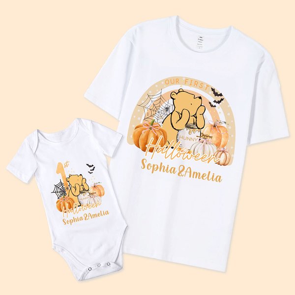 Personalized Cute Bear First Halloween 100% Cotton Baby Bodysuit T-shirt Matching Outfit Set with Name Halloween Gift for New Mom Baby