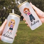 Personalized Cartoon Retro Fashion Y2K Girl 20oz Name Beer Can Glass with Bamboo Lid and Straw Birthday Party Friendship Gift for Women