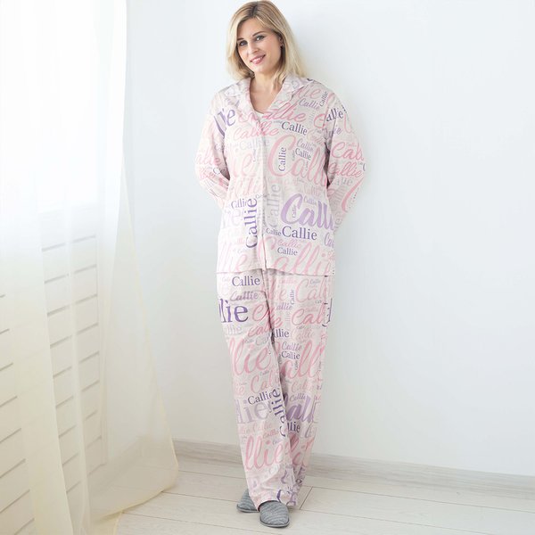 Henkilökohtainen Word Cloud Unisex pitkähihainen pehmeä pyjamasetti taskuilla ja nimellä Syntymäpäivälahja miehille naisille