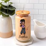 Personalized Cartoon Retro Fashion Y2K Girl 20oz Name Beer Can Glass with Bamboo Lid and Straw Birthday Party Friendship Gift for Women