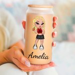 Personalized Cartoon Retro Fashion Y2K Girl 20oz Name Beer Can Glass with Bamboo Lid and Straw Birthday Party Friendship Gift for Women
