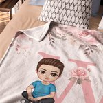 Personalized Pink Floral Cartoon Character Soft Throw Blanket with Initial and Name Home Decor Birthday Christmas Gift for Boys Girls Family