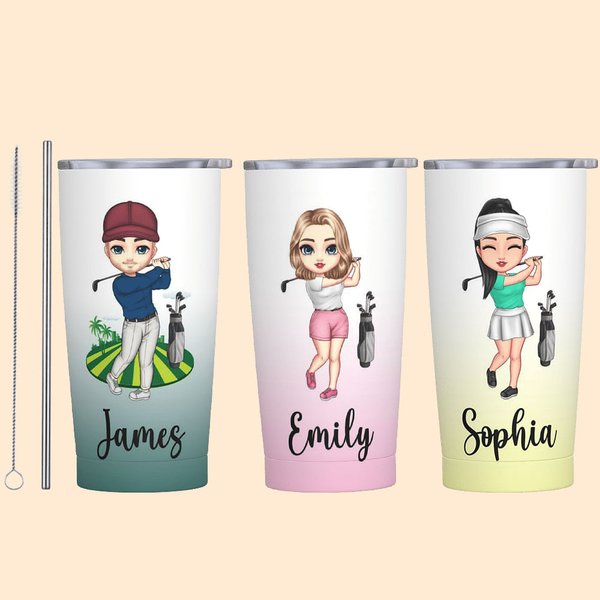 Personalized Cartoon Golf Girl Boy Gradient Color 20oz Insulated Name Tumbler with Lid and Straw Birthday Gift for Golfers Golf Players